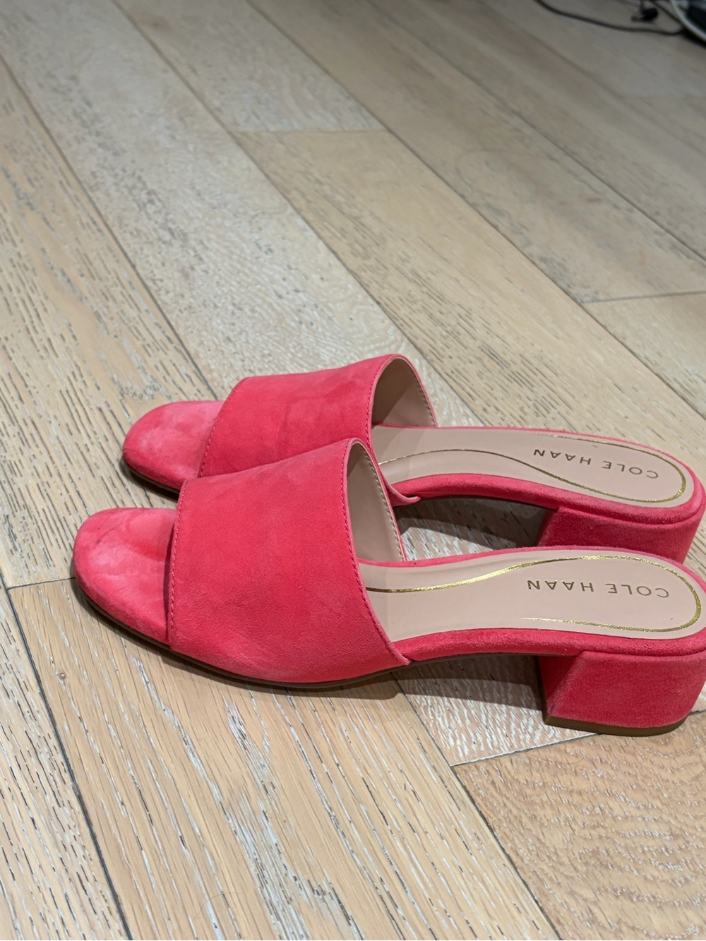 Cole Haan Red Suede Open-Toe Slide Heels - Picture 2 of 3